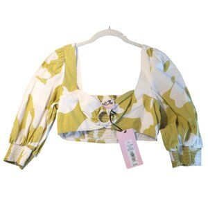Future Collective Green White Balloon Sleeve Crop Top Women Size XS